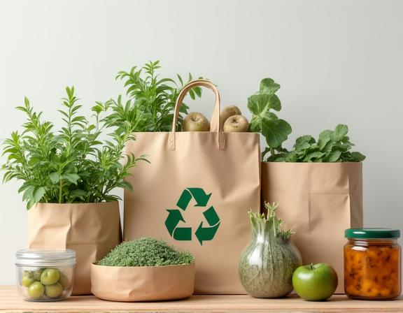 Biodegradable packaging and eco-friendly grocery solutions demonstrating environmental responsibility