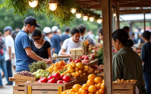 Bustling Bukit Timah farmers market with fresh local produce and community atmosphere