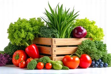 Colorful plant-based organic produce including superfoods and nutritious vegetables